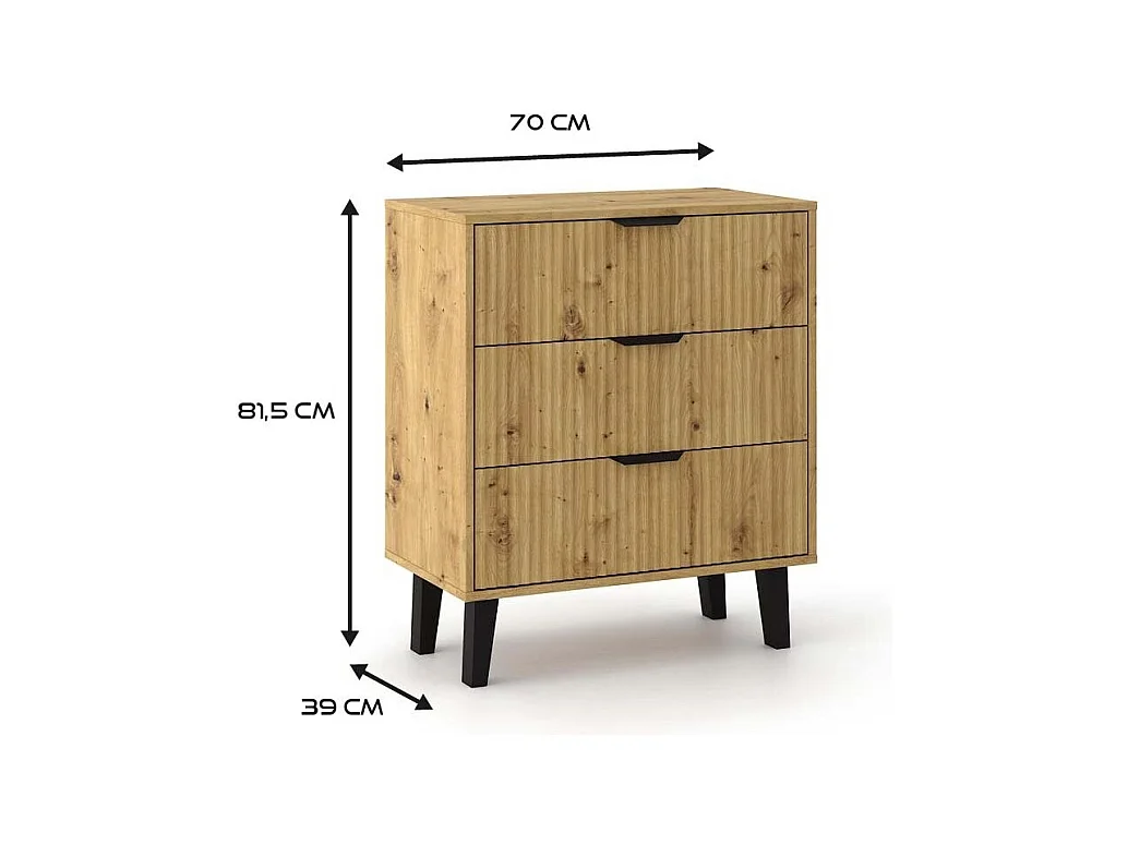 SONIA - Cómoda de 3 cajones con frentes ranurados de estilo escandinavo - 70 x 39 x 81,5 cm - Mueble de almacenamiento - Roble