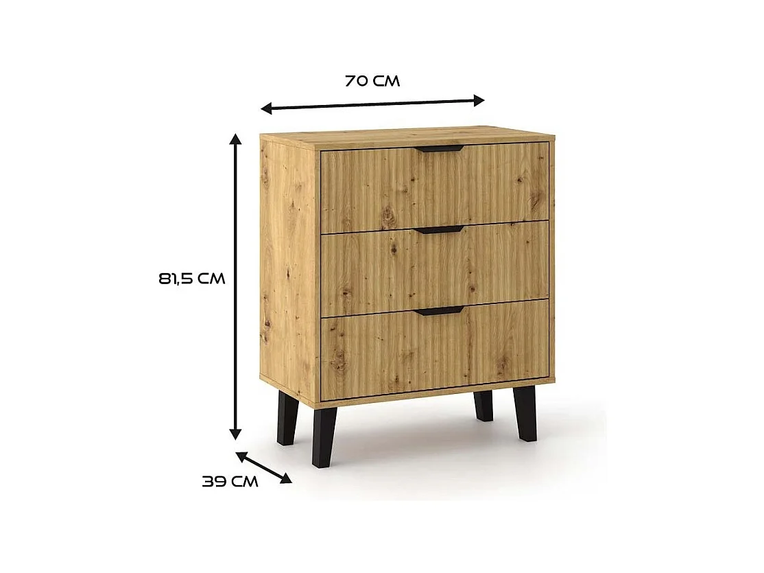 SONIA - Cómoda de 3 cajones con frentes ranurados de estilo escandinavo - 70 x 39 x 81,5 cm - Mueble de almacenamiento - Roble