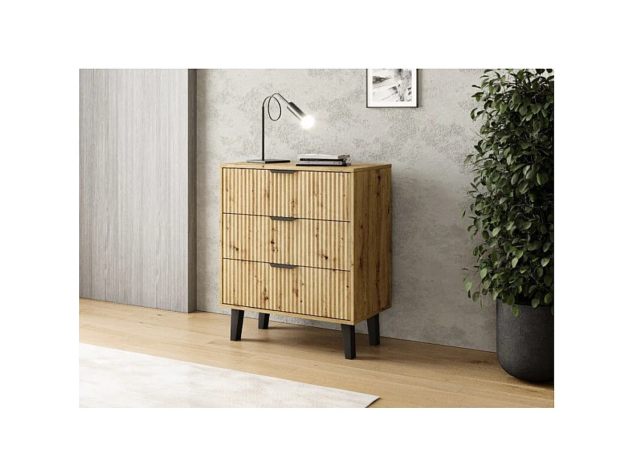 SONIA - Cómoda de 3 cajones con frentes ranurados de estilo escandinavo - 70 x 39 x 81,5 cm - Mueble de almacenamiento - Roble