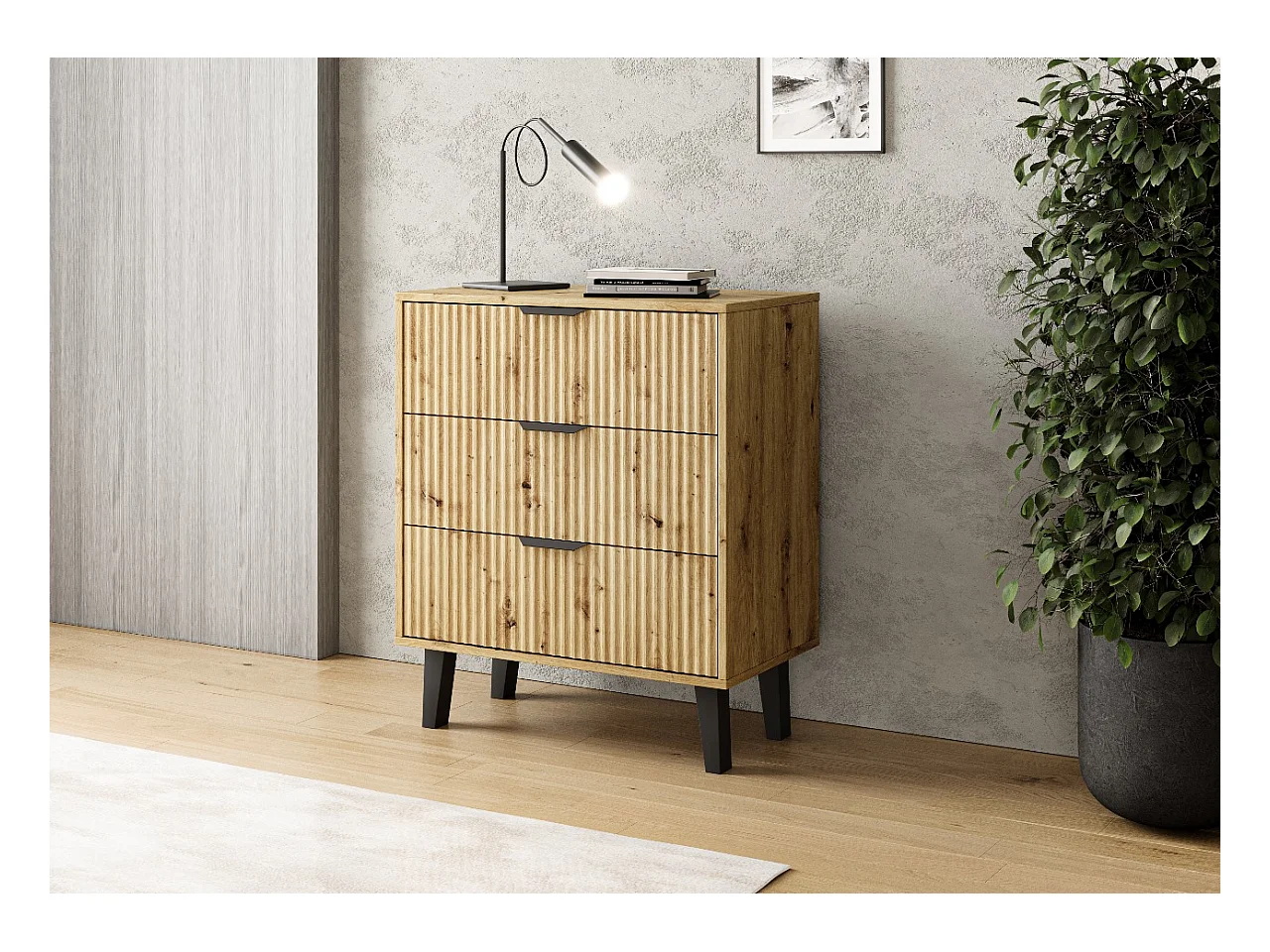 SONIA - Cómoda de 3 cajones con frentes ranurados de estilo escandinavo - 70 x 39 x 81,5 cm - Mueble de almacenamiento - Roble