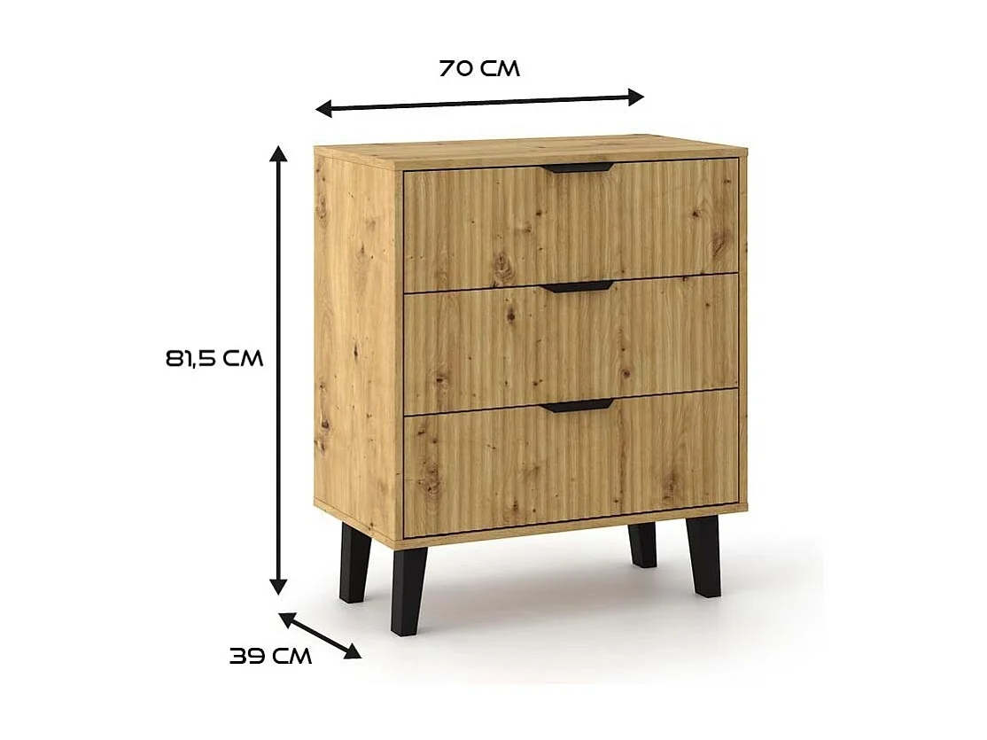 Komoda Scandi 3S Slim | Dąb Artisan  | 70x39x81.5 cm | Nowoczesny Design