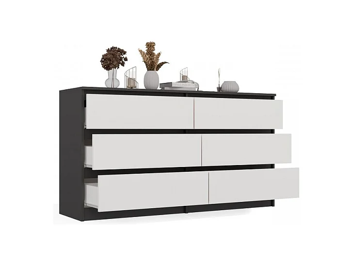 ASTER – Breite Kommode für Schlafzimmer, Wohnzimmer oder Büro – 6 Schubladen – 138x40x75 cm – Anthracite und Weiß