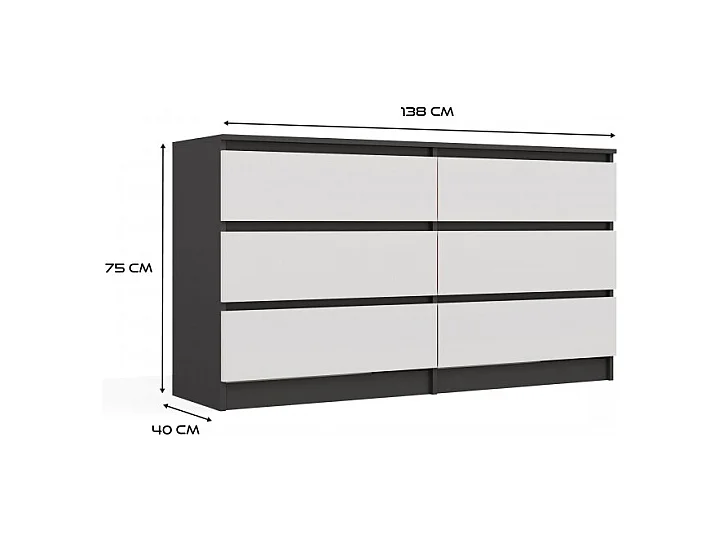 ASTER – Breite Kommode für Schlafzimmer, Wohnzimmer oder Büro – 6 Schubladen – 138x40x75 cm – Anthracite und Weiß