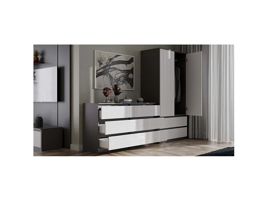 ASTER – Breite Kommode für Schlafzimmer, Wohnzimmer oder Büro – 6 Schubladen – 138x40x75 cm – Anthracite und Weiß