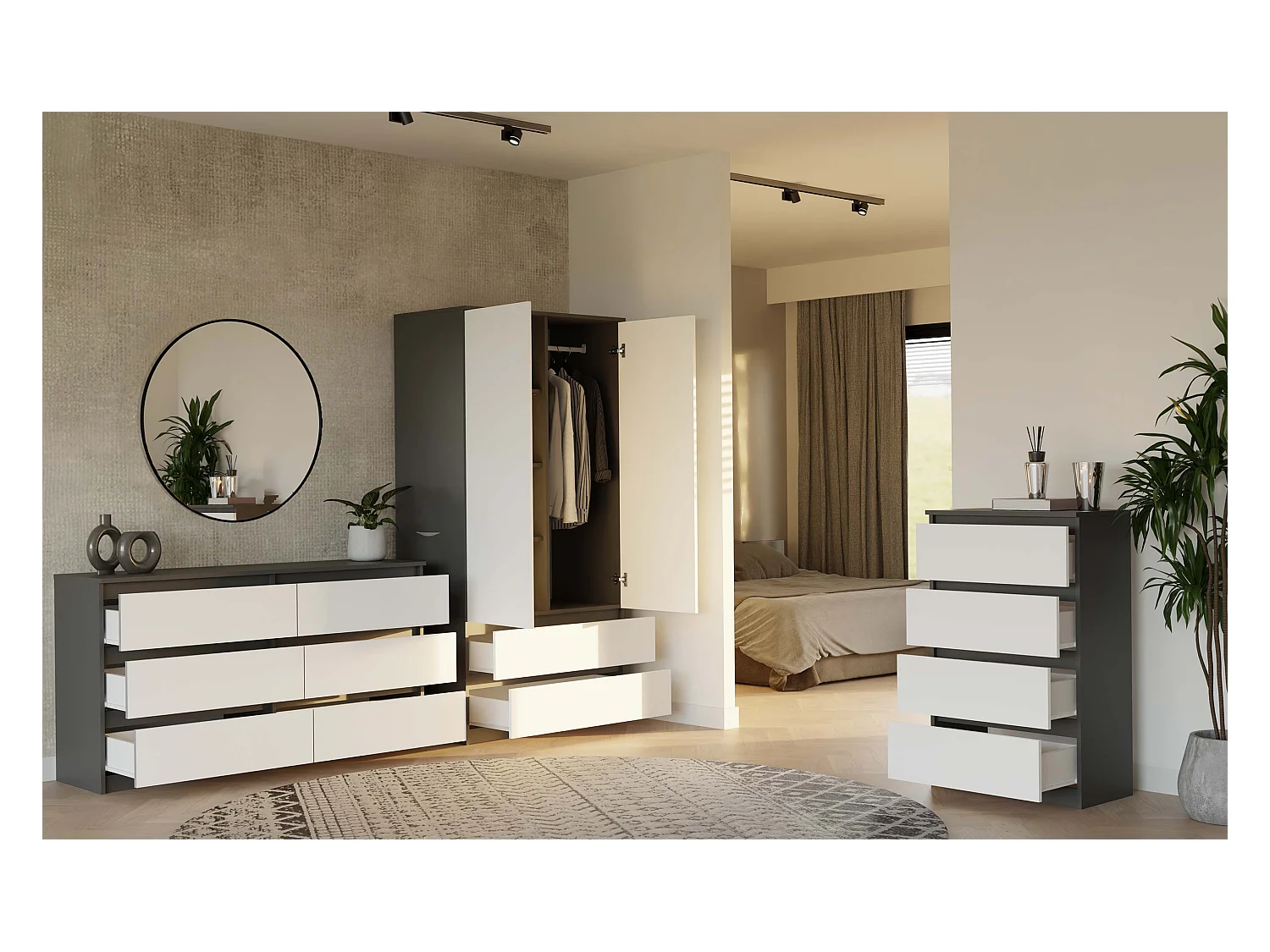 ASTER – Breite Kommode für Schlafzimmer, Wohnzimmer oder Büro – 6 Schubladen – 138x40x75 cm – Anthracite und Weiß