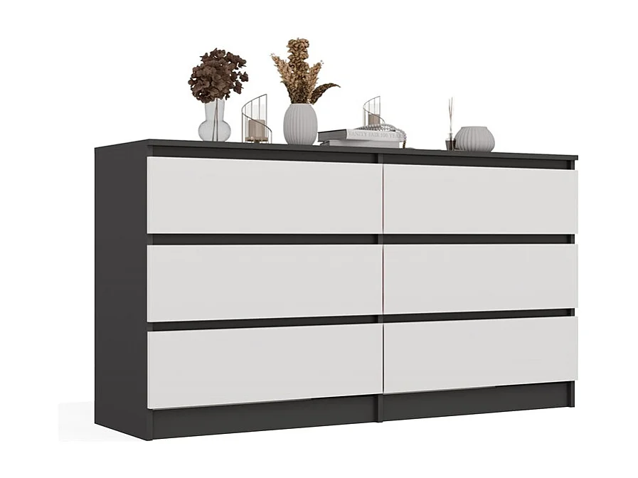 ASTER – Breite Kommode für Schlafzimmer, Wohnzimmer oder Büro – 6 Schubladen – 138x40x75 cm – Anthracite und Weiß