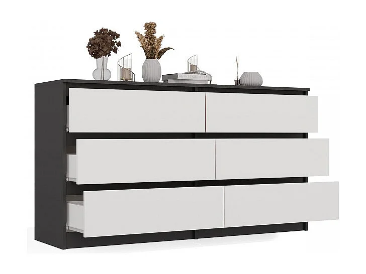 ASTER – Cómoda ancha para dormitorio, salón o oficina – 6 cajones – 138x40x75 cm – Antracita y blanco