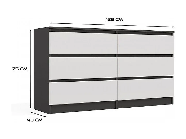 ASTER – Cómoda ancha para dormitorio, salón o oficina – 6 cajones – 138x40x75 cm – Antracita y blanco