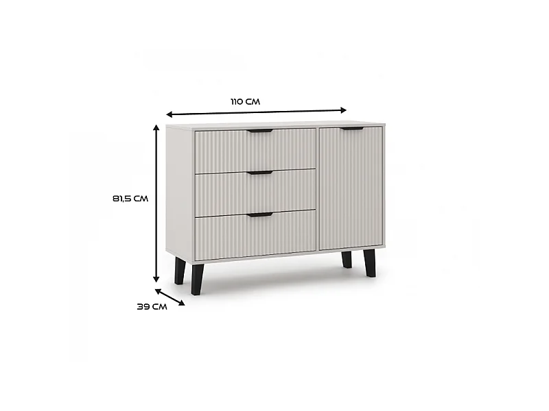 SONIA - Credenza 3 cassetti + 1 anta in stile scandinavo scanalato - 110x39x81,5 cm - Mobile contenitore - Beige cashmere
