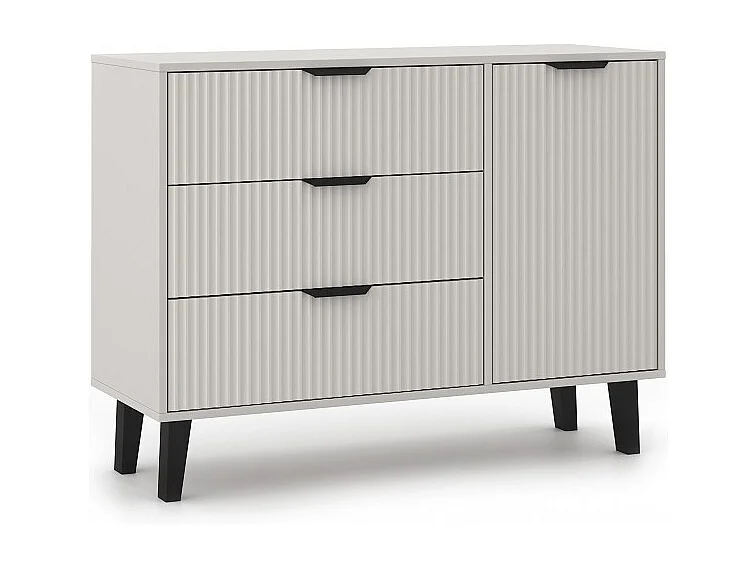 SONIA - Aparador de 3 cajones + 1 puerta estilo escandinavo ranurado - 110 x 39 x 81,5 cm - Mueble para guardar - Beige cachemira