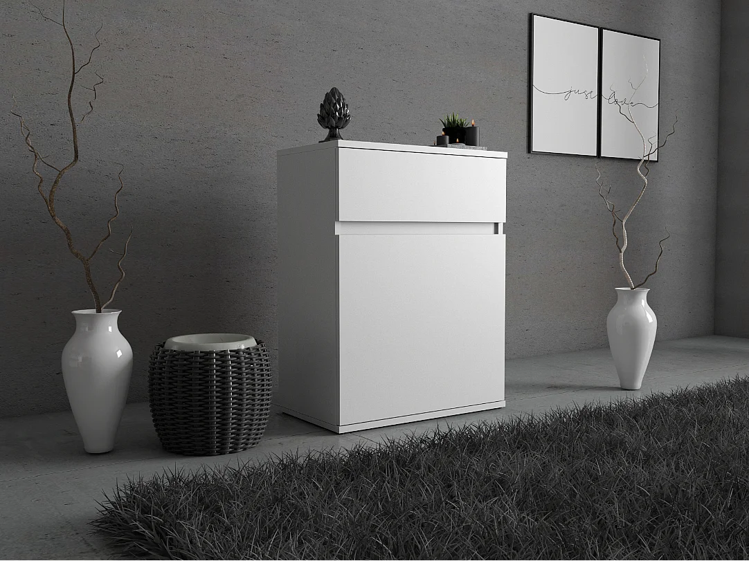 Cómoda moderna branca mate 60x35x78 cm com 1 gaveta e 1 porta com prateleira, estilo loft