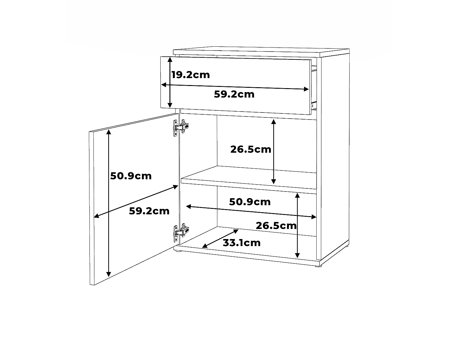 Cómoda moderna branca mate 60x35x78 cm com 1 gaveta e 1 porta com prateleira, estilo loft