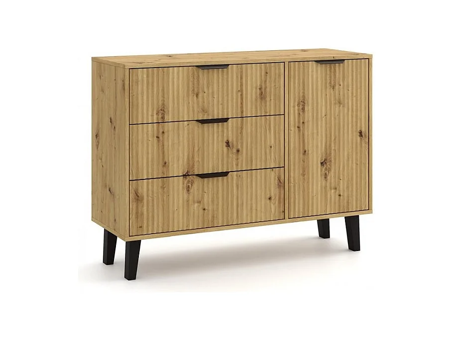 SONIA - Credenza 3 cassetti + 1 anta in stile scandinavo scanalato - 110x39x81,5 cm - Mobile contenitore - Rovere
