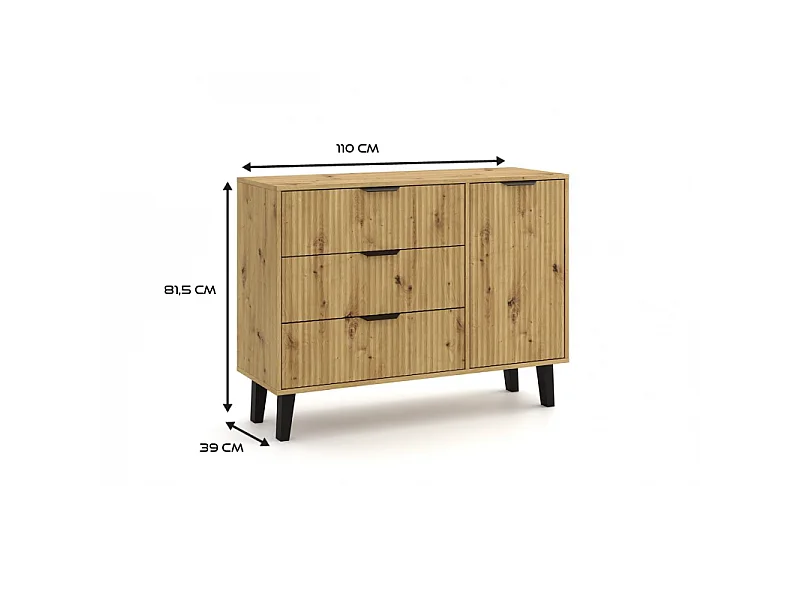 SONIA - Credenza 3 cassetti + 1 anta in stile scandinavo scanalato - 110x39x81,5 cm - Mobile contenitore - Rovere
