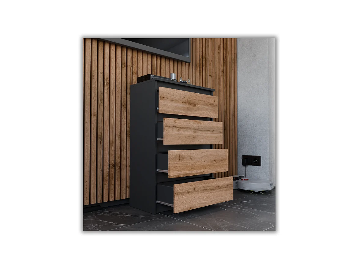Commode à Tiroirs Noire Chêne Wotan 60 cm Meuble TV Spacieux 4 Tiroirs Style Loft