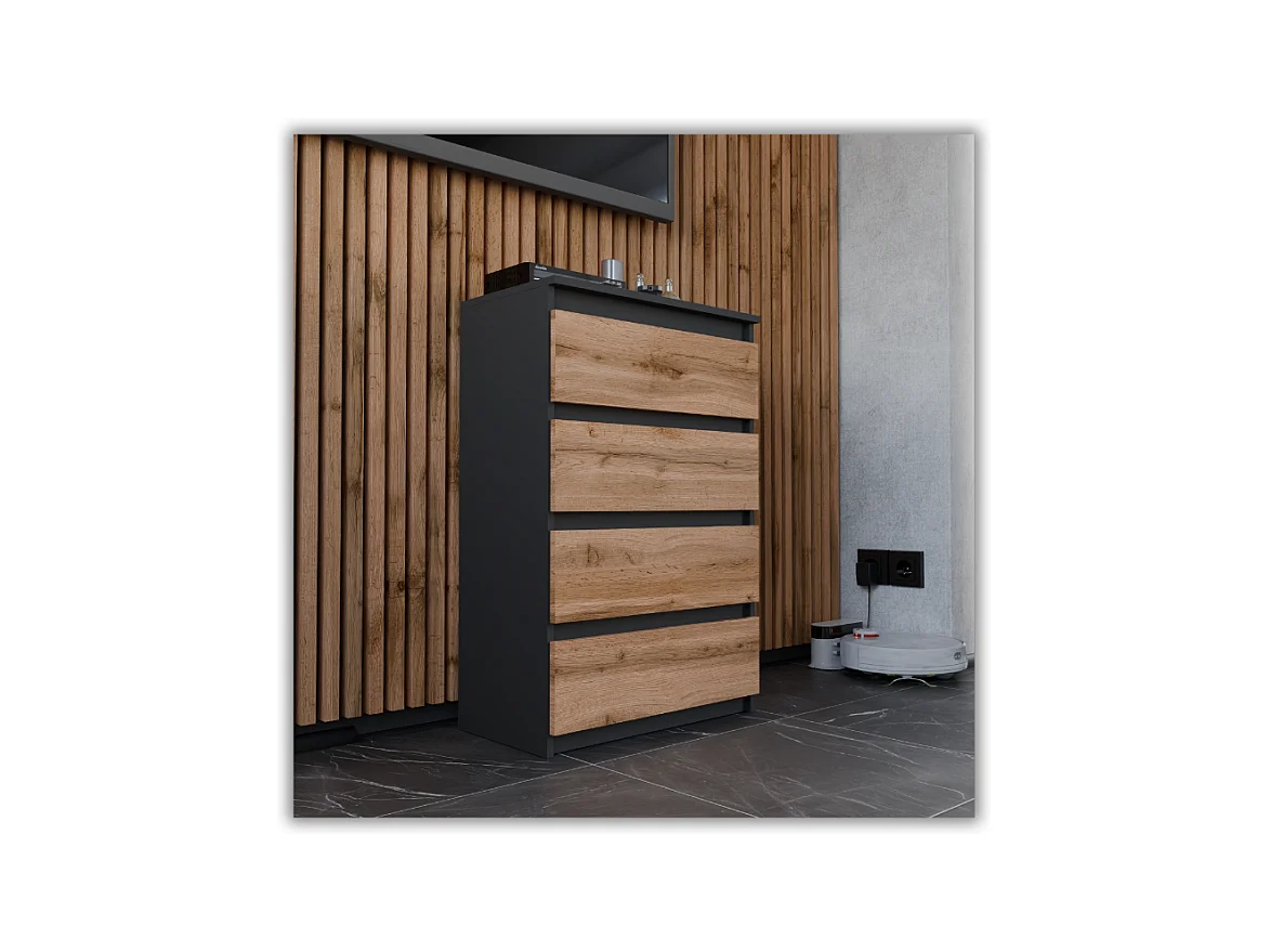 Commode à Tiroirs Noire Chêne Wotan 60 cm Meuble TV Spacieux 4 Tiroirs Style Loft