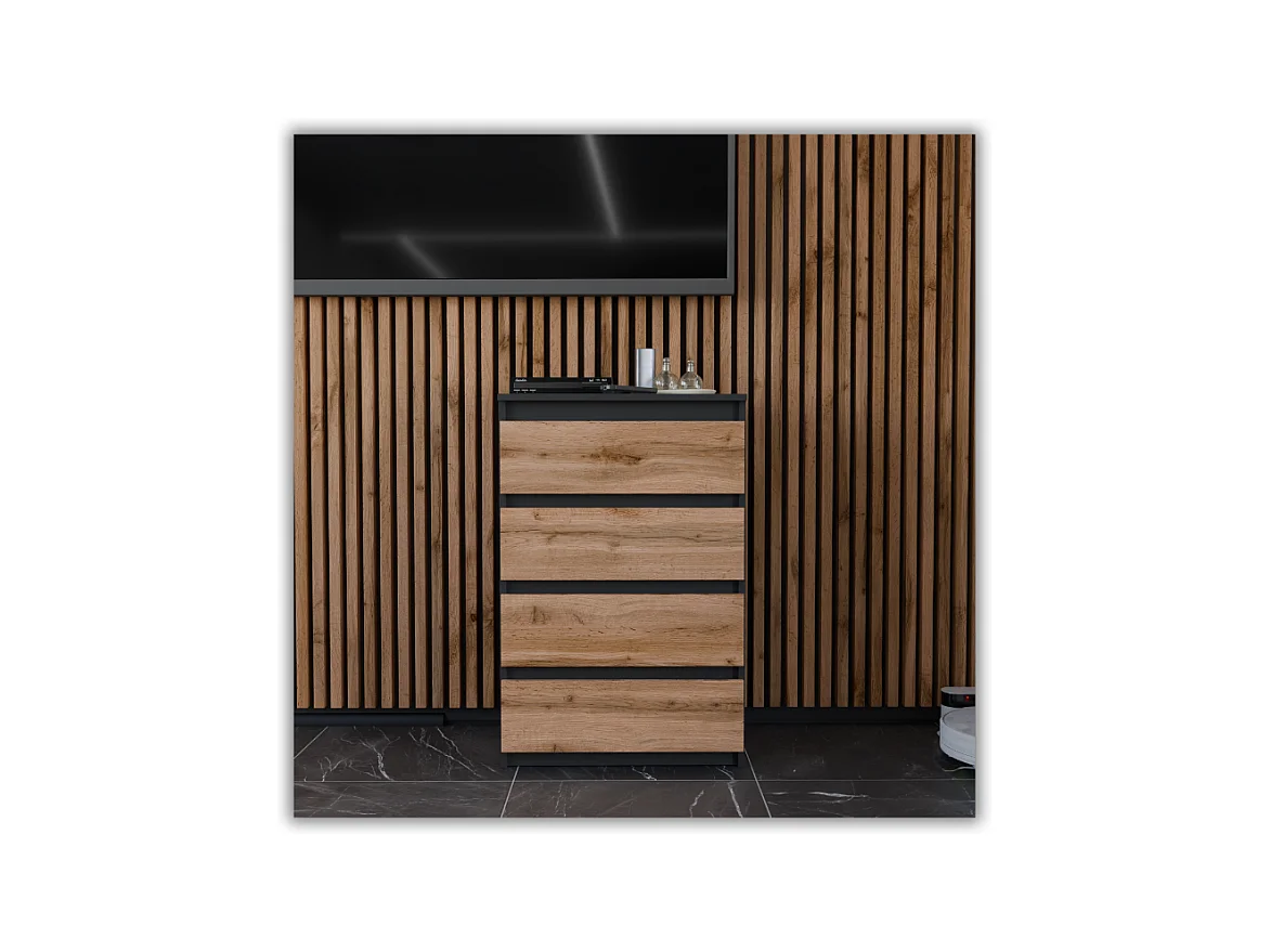Commode à Tiroirs Noire Chêne Wotan 60 cm Meuble TV Spacieux 4 Tiroirs Style Loft