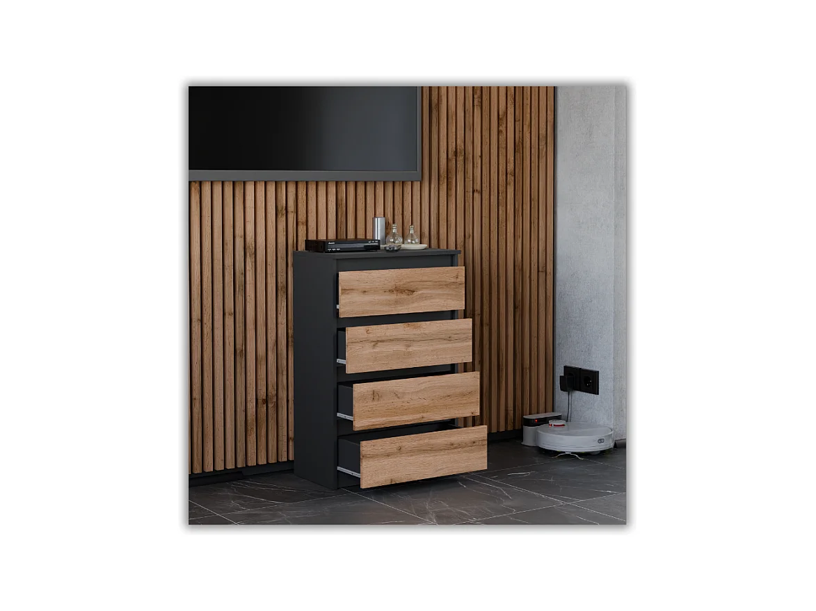 Commode à Tiroirs Noire Chêne Wotan 60 cm Meuble TV Spacieux 4 Tiroirs Style Loft