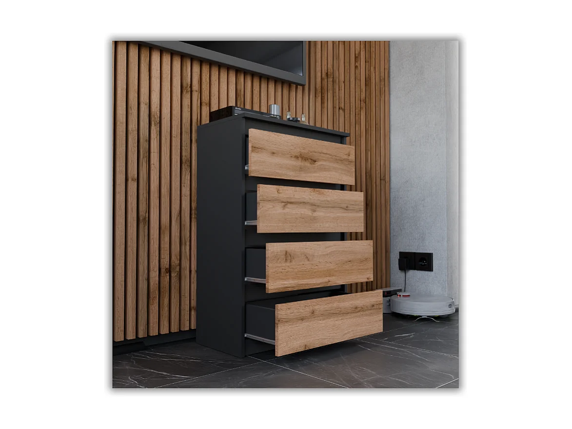 Cómoda con cajones negra roble Wotan 60 cm Mueble TV espacioso 4 cajones estilo loft