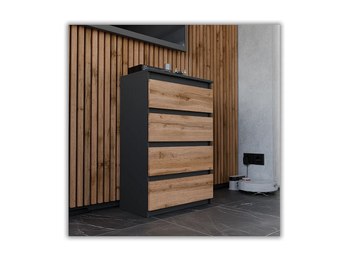 Cómoda con cajones negra roble Wotan 60 cm Mueble TV espacioso 4 cajones estilo loft