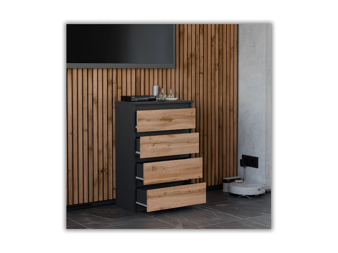 Commode à Tiroirs Noire Chêne Wotan 60 cm Meuble TV Spacieux 4 Tiroirs Style Loft