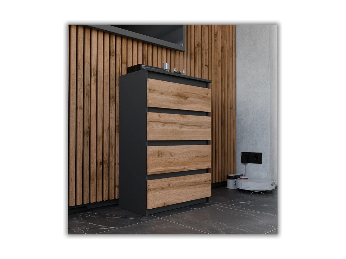 Commode à Tiroirs Noire Chêne Wotan 60 cm Meuble TV Spacieux 4 Tiroirs Style Loft