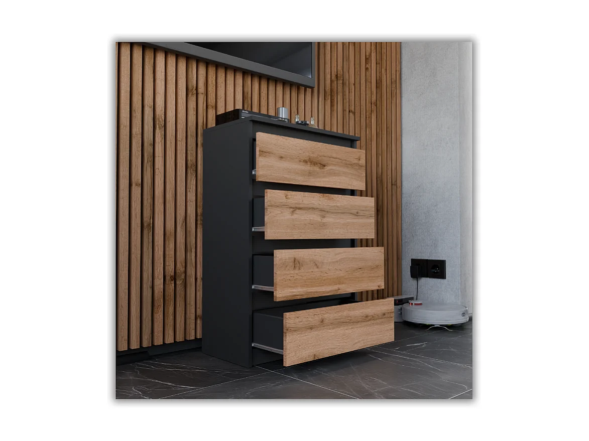 Commode à Tiroirs Noire Chêne Wotan 60 cm Meuble TV Spacieux 4 Tiroirs Style Loft