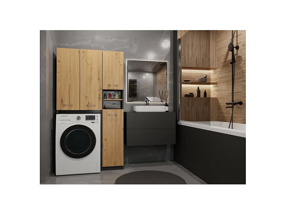 Zestaw Łazienkowy Marpol DD | Antracyt/Dąb Artisan  | 96x30x180 cm | Słupek i Szafka