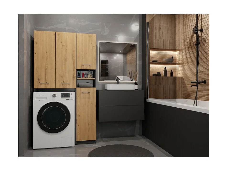 Zestaw Łazienkowy Marpol DD | Antracyt/Dąb Artisan  | 96x30x180 cm | Słupek i Szafka