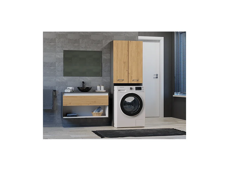 Szafka Łazienkowa POLA DD |  Antracyt/Dąb Artisan  | 64x30x180 cm | Regał Nad Pralkę