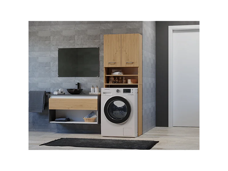 Szafka Łazienkowa POLA DD | Dąb Artisan | 64x30x180 cm | Regał Nad Pralkę