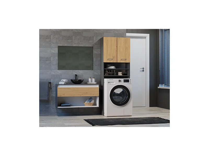 Szafka Pola DK |Antracyt/Dąb Artisan | 64x30x180 cm | Regał Łazienkowy nad Pralkę