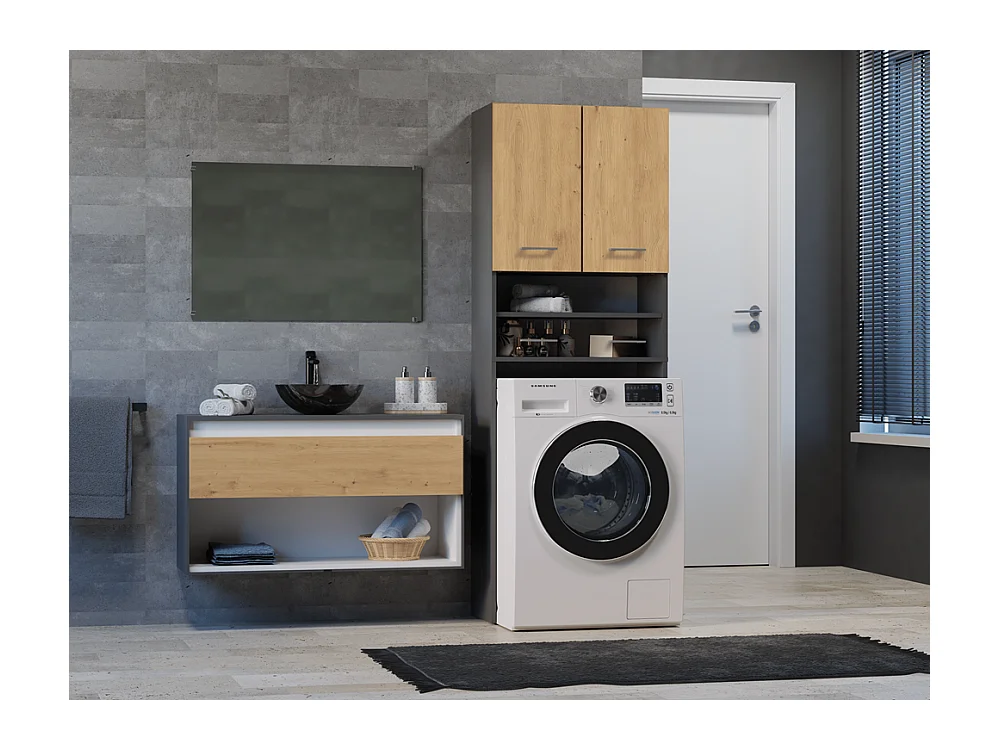 Szafka Pola DK |Antracyt/Dąb Artisan | 64x30x180 cm | Regał Łazienkowy nad Pralkę