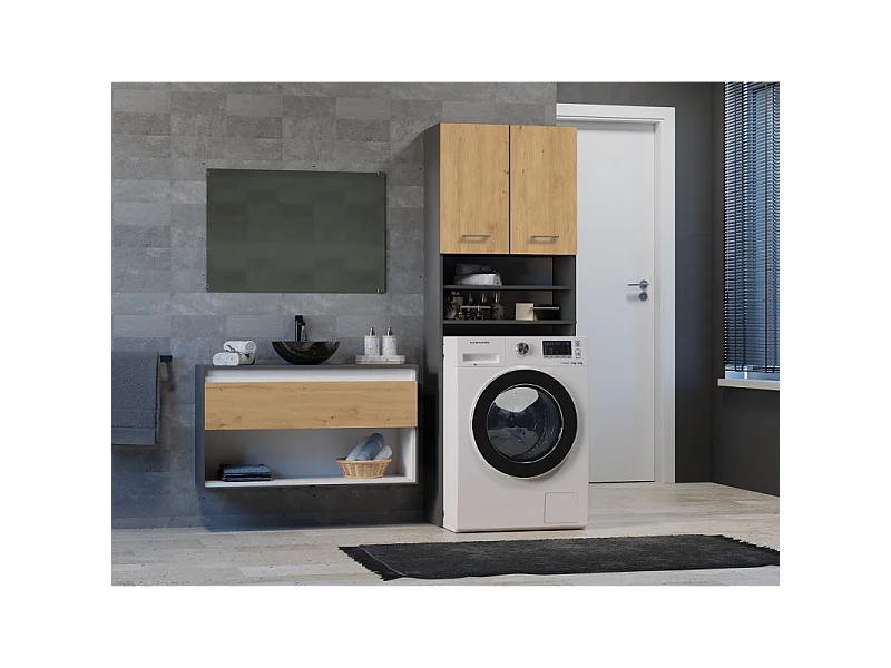 Szafka Pola DK |Antracyt/Dąb Artisan | 64x30x180 cm | Regał Łazienkowy nad Pralkę