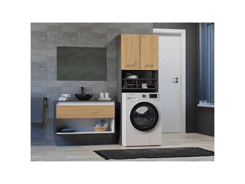 Szafka Pola DK |Antracyt/Dąb Artisan | 64x30x180 cm | Regał Łazienkowy nad Pralkę