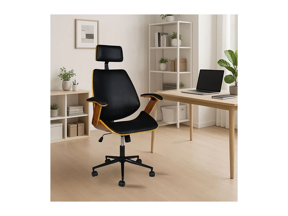 Poltrona ufficio James in similpelle nera e dettagli effetto legno