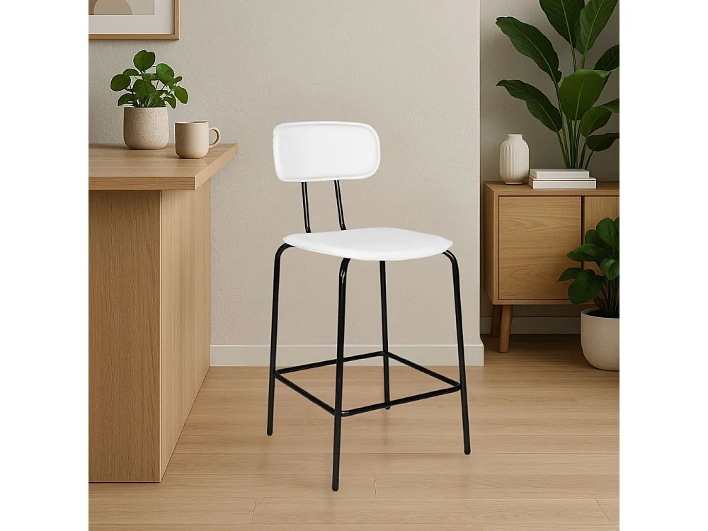 Sgabello Glami con struttura in metallo nero e seduta in pvc effetto cuoio bianco