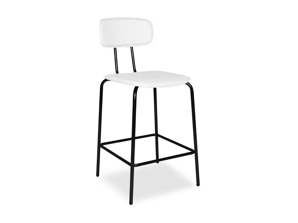 Sgabello Glami con struttura in metallo nero e seduta in pvc effetto cuoio bianco