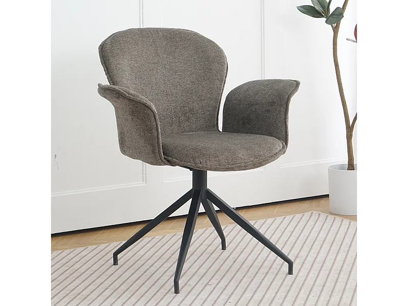 Chaise fauteuil de table Luthor pivotant avec accoudoirs en tissu marron pour salle à manger, pieds en métal noir