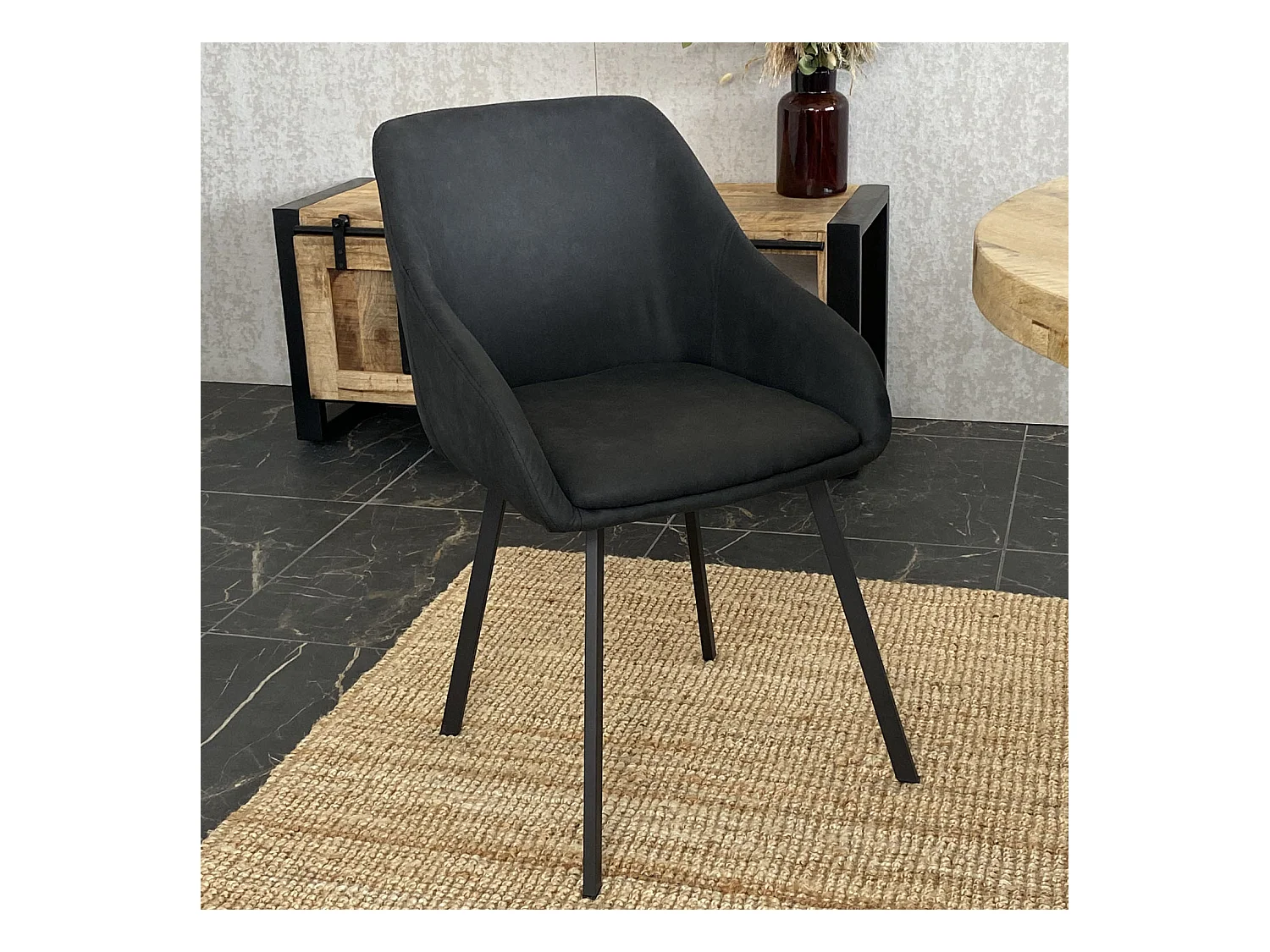 Lot de 2 chaises fauteuils Jena tissu noir pieds métal noir