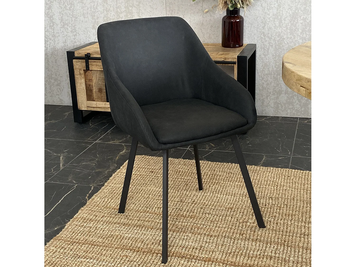 Lot de 2 chaises fauteuils Jena tissu noir pieds métal noir