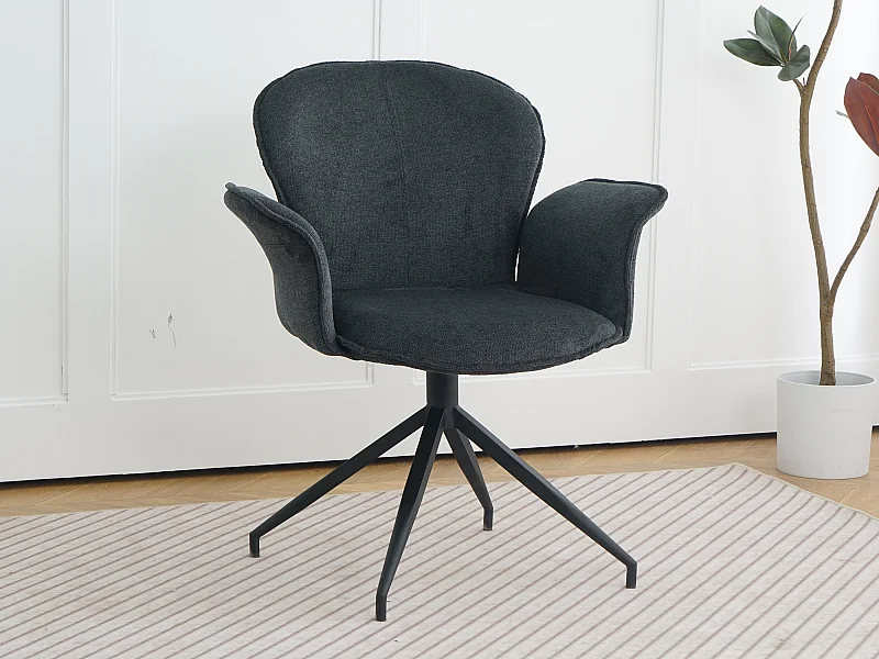 Chaise fauteuil de table Luthor pivotant avec accoudoirs en tissu gris foncé pour salle à manger, pieds en métal noir