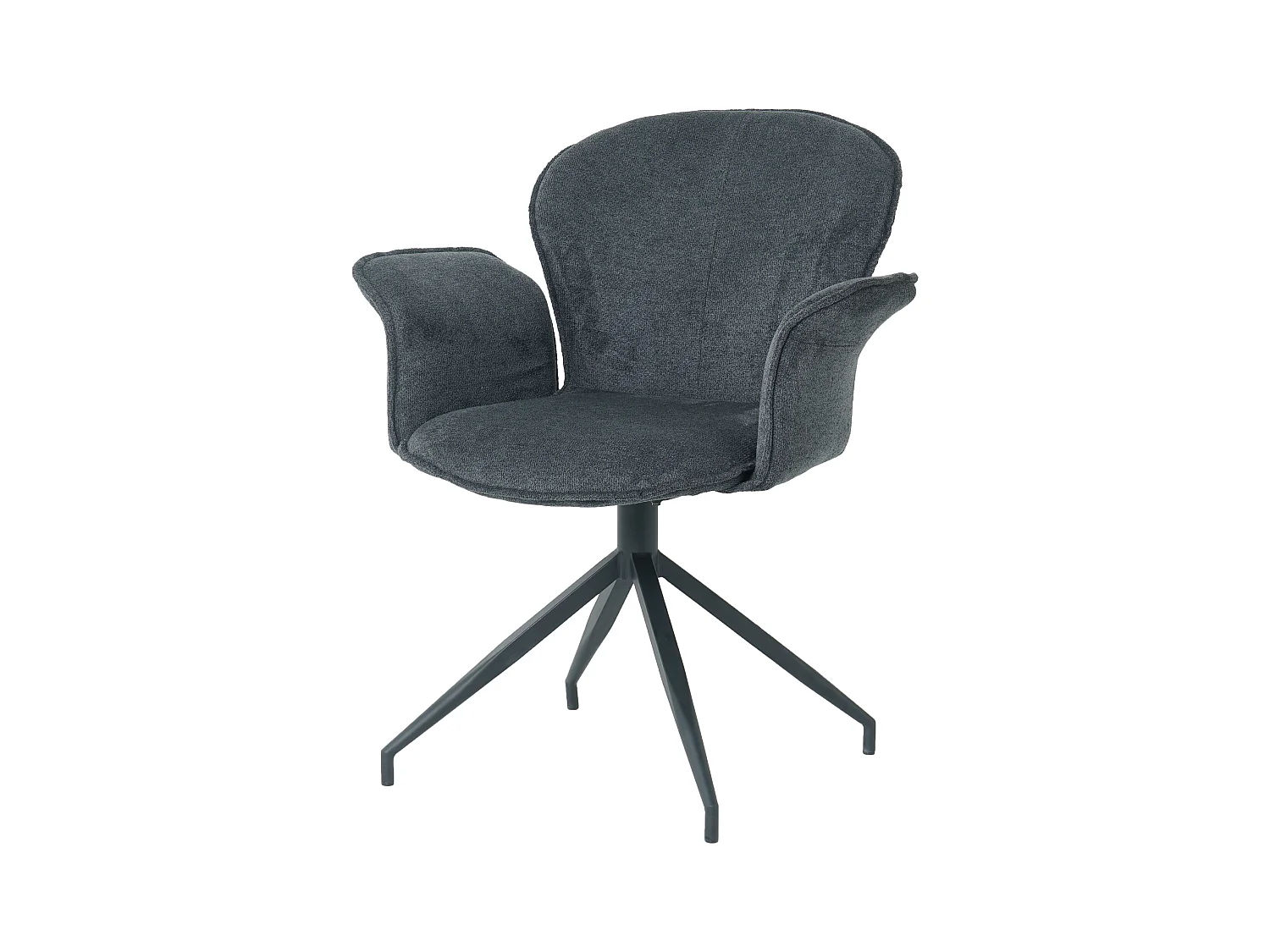 Chaise fauteuil de table Luthor pivotant avec accoudoirs en tissu gris foncé pour salle à manger, pieds en métal noir