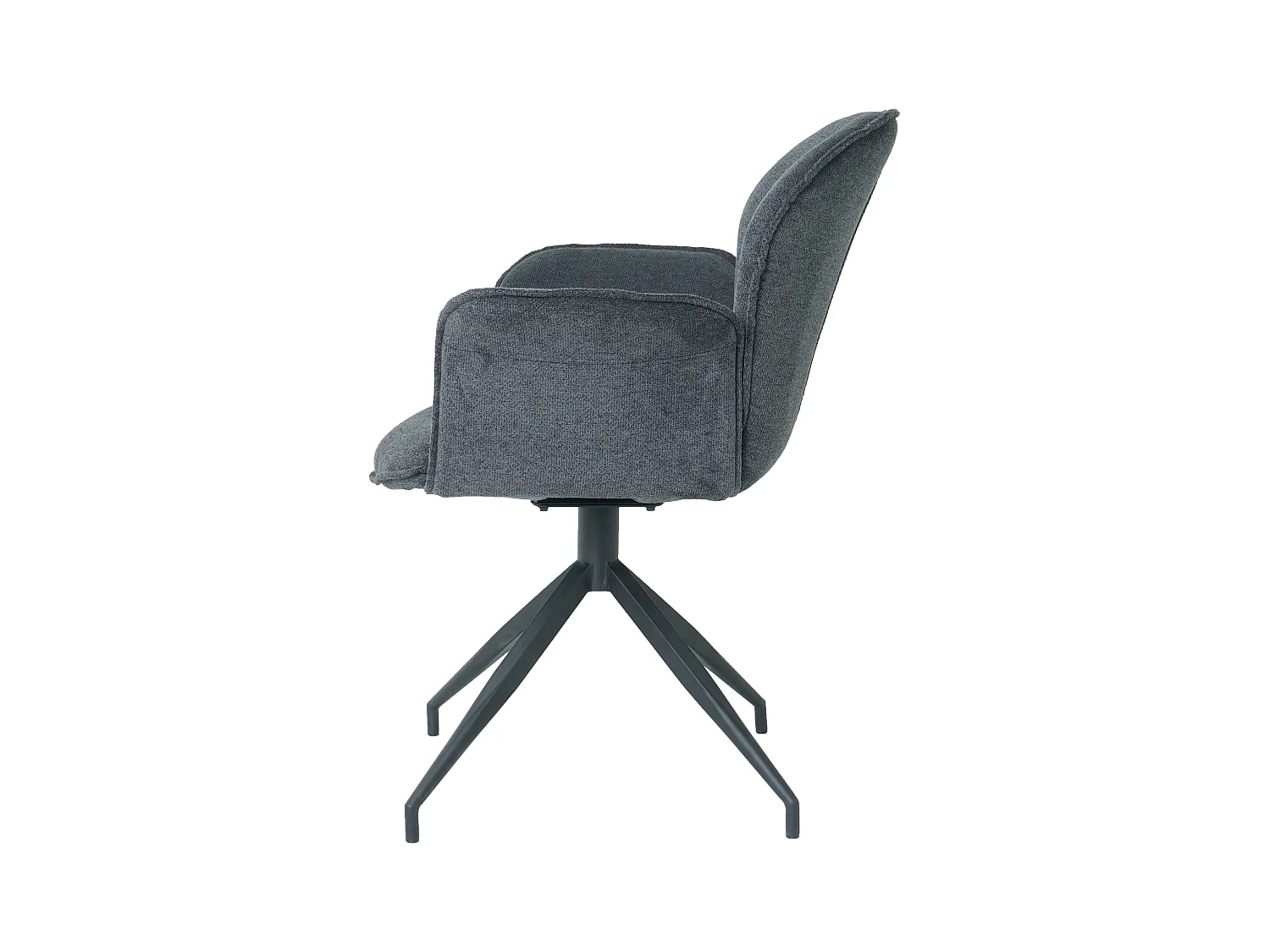Chaise fauteuil de table Luthor pivotant avec accoudoirs en tissu gris foncé pour salle à manger, pieds en métal noir