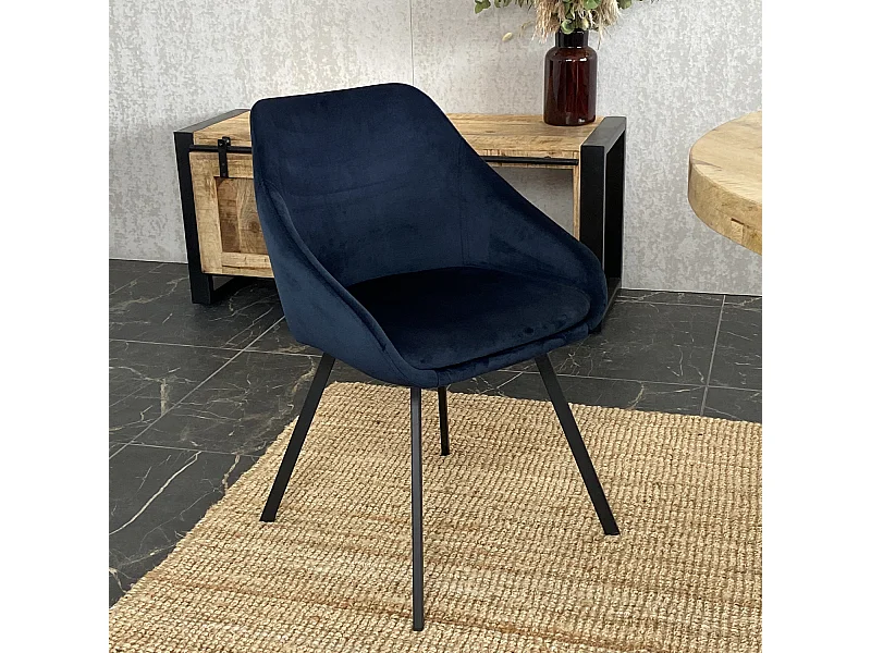 Lot de 2 chaises fauteuils Adam tissu velours bleu foncé pieds métal noir