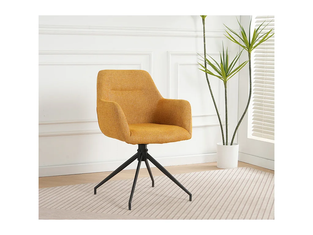 Lot de 2 chaises fauteuils de table MORINI pivotants avec accoudoirs en tissu jaune pour salle à manger, pieds en métal noir