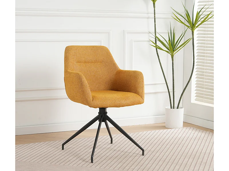 Lot de 2 chaises fauteuils de table MORINI pivotants avec accoudoirs en tissu jaune pour salle à manger, pieds en métal noir