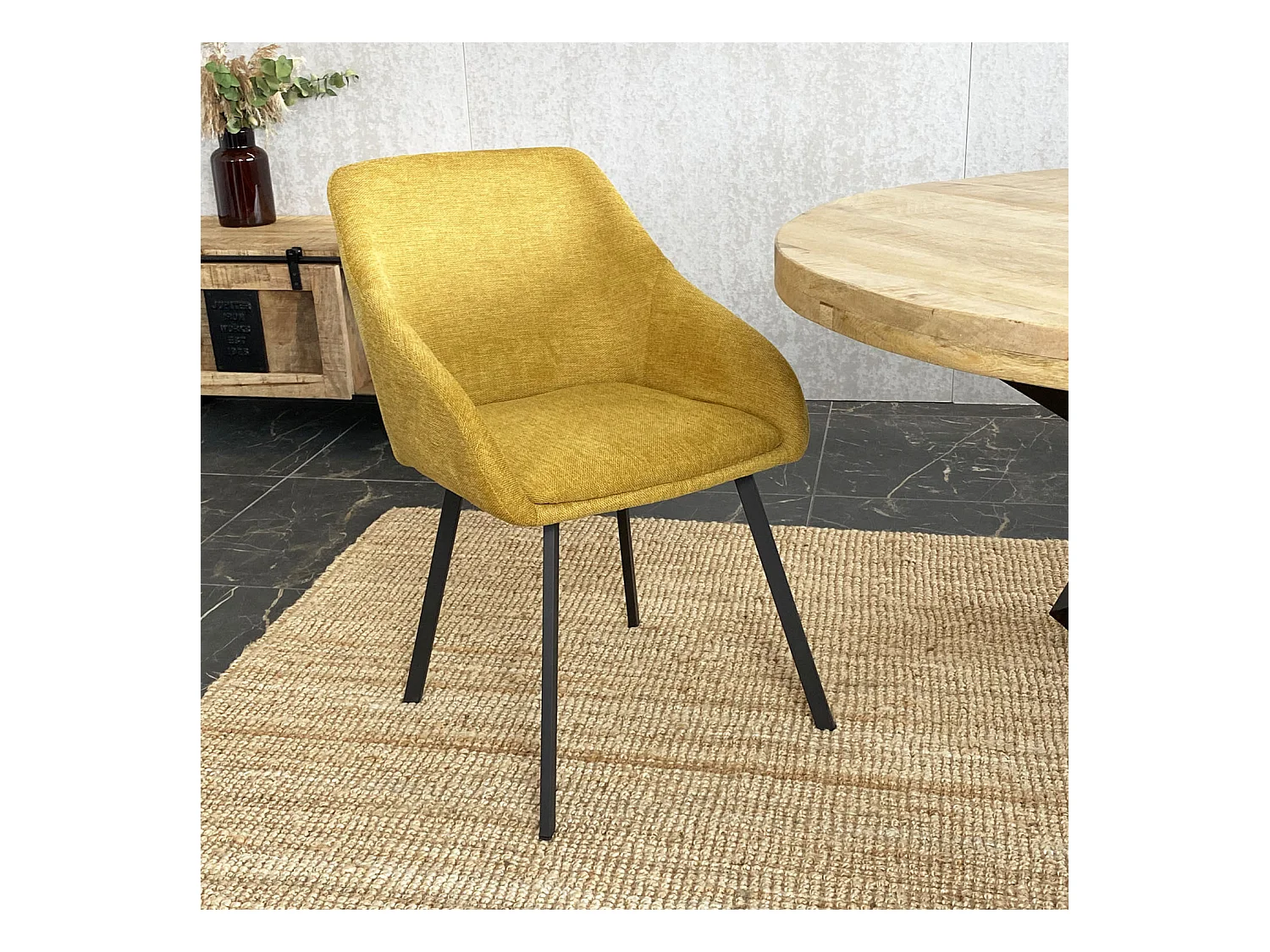 Lot de 2 chaises fauteuils Jena tissu jaune pieds métal noir