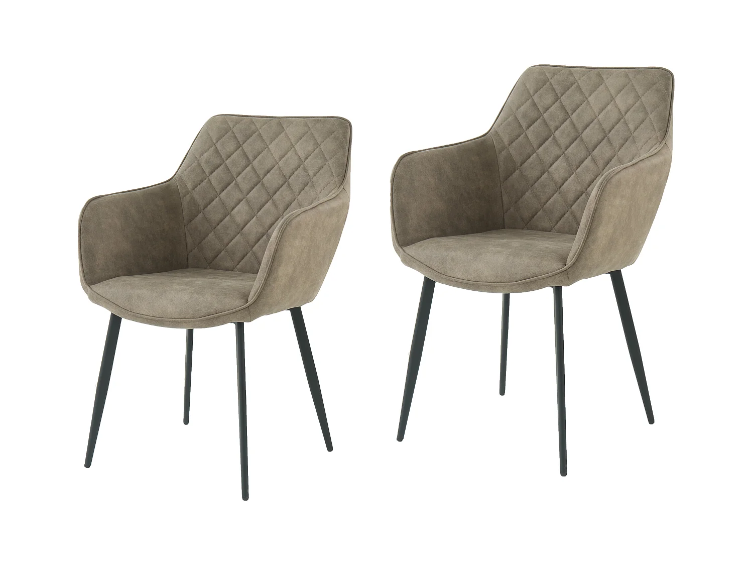 Lot de 2 chaises fauteuils de table avec accoudoirs Rolf taupe en tissu taupe pour salle à manger, pieds en métal noir