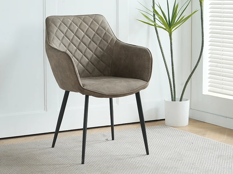 Lot de 2 chaises fauteuils de table avec accoudoirs Rolf taupe en tissu taupe pour salle à manger, pieds en métal noir